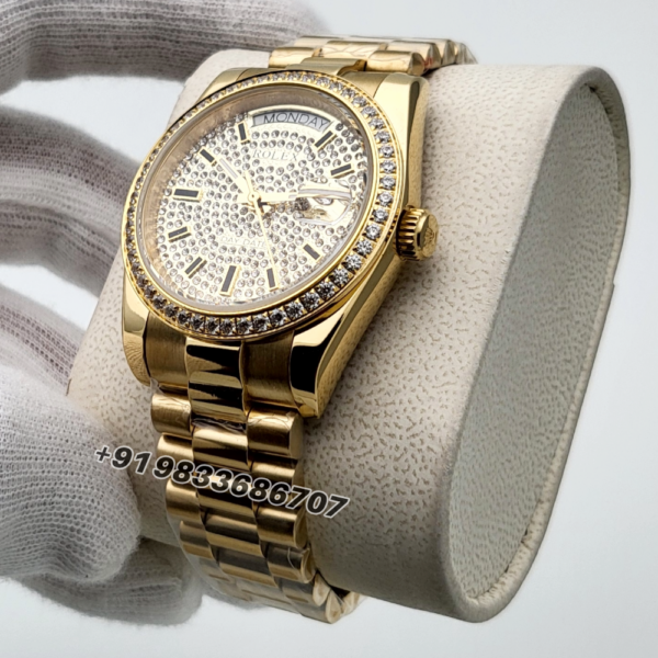 Rolex Day- Date Full Gold Diamond Bezel Stick Marker Diamond Studded Dial Super High Quality Swiss Automatic Watch
