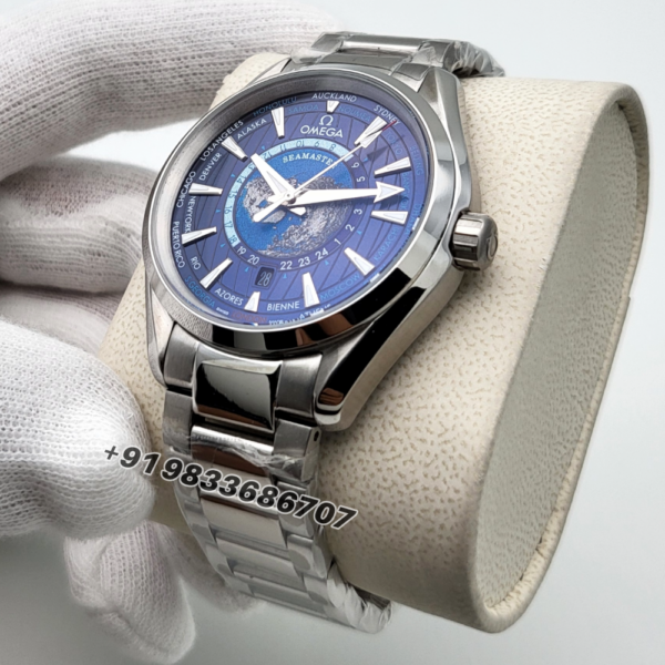 Omega-Seamaster-Aqua-Tera-World-Time-Blue-Dial-Silver-Super-High-Quality-Swiss-Automatic-Watch