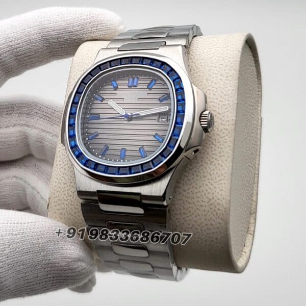 Patek Philippe Nautilus Silver Blue Emerald Super High Quality Swiss Automatic Watch (1)