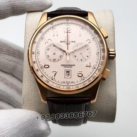 Breitling Premier B01 Chronograph Rose Gold Off white Dial Leather Strap Super High Quality Watch (1)