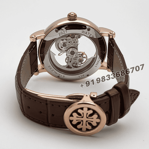 Patek Philippe Skeleton Rose Gold Leather Strap Super High Quality Swiss Automatic Watch