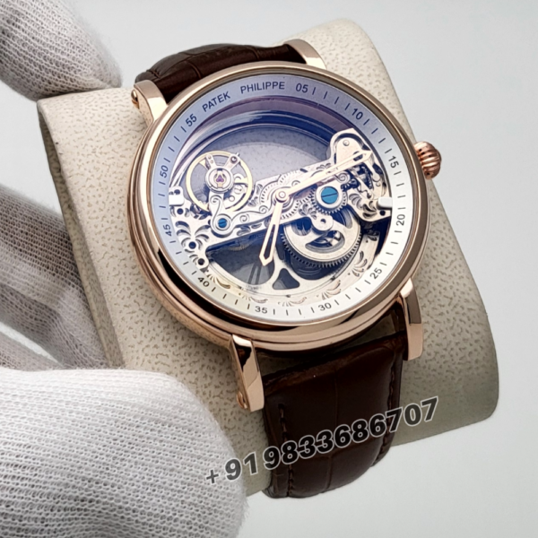 Patek Philippe Skeleton Rose Gold Leather Strap Super High Quality Swiss Automatic Watch
