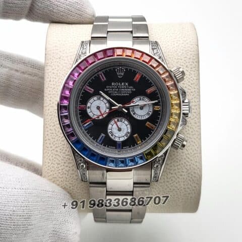 Rolex Daytona Rainbow Full Silver Diamond Bezel Black Dial Super High Quality Swiss Automatic Watch