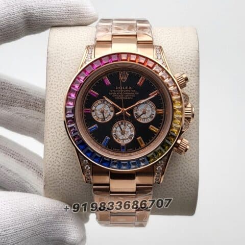 Rolex Daytona Rainbow Full Rose Gold Diamond Bezel Black Dial Super High Quality Swiss Automatic Watch (1)