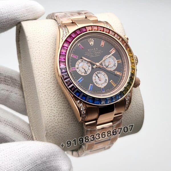 Rolex Daytona Rainbow Full Rose Gold Diamond Bezel Black Dial Super High Quality Swiss Automatic Watch (1)
