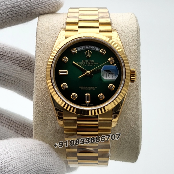 Rolex Day-Date 18kt Yellow Gold Green Ombre with Diamonds Set Dial 36mm Exact 11 Top Quality Replica Super Clone Swiss ETA 3255 Automatic Movement Watch