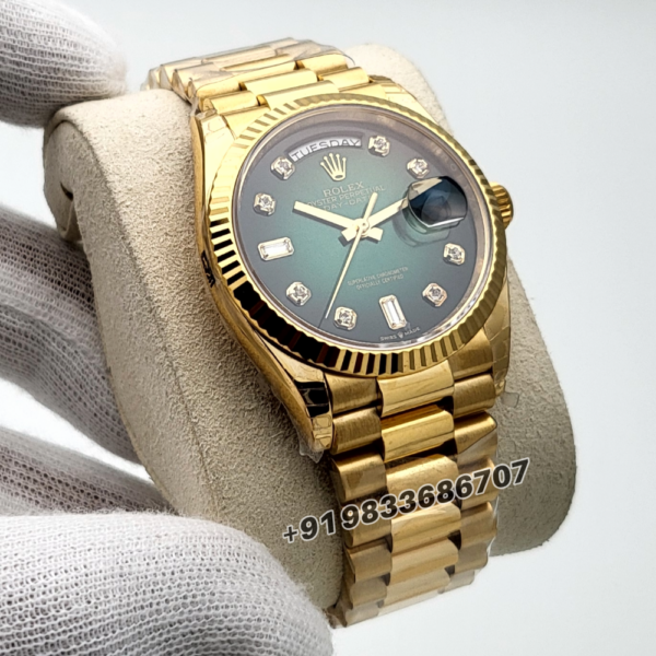 Rolex Day-Date 18kt Yellow Gold Green Ombre with Diamonds Set Dial 36mm Exact 11 Top Quality Replica Super Clone Swiss ETA 3255 Automatic Movement Watch