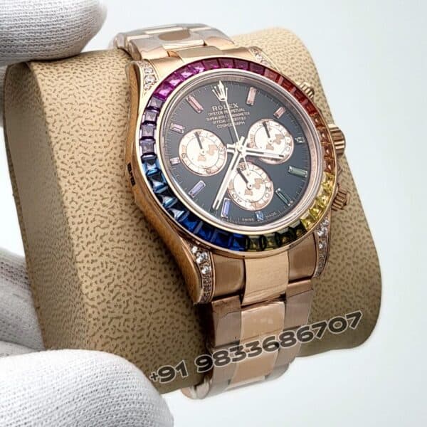 Rolex Cosmograph Daytona Rainbow Everose Gold Black Dial 40mm Exact 1:1 Top Quality Super Clone Replica Swiss ETA 4130 Automatic Movement Watch