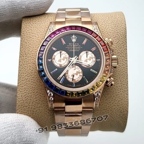 Rolex Cosmograph Daytona Rainbow Everose Gold Black Dial 40mm Exact 1:1 Top Quality Super Clone Replica Swiss ETA 4130 Automatic Movement Watch