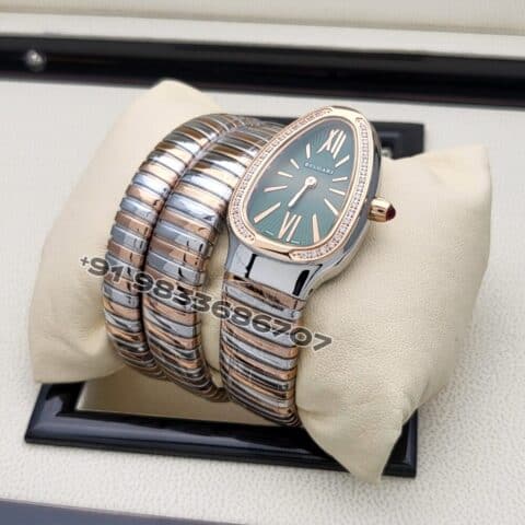 Bulgari Serpenti Dual Tone Double Spiral Green Dial Brilliant Cut Diamond Set Bezel Super High Quality Watch