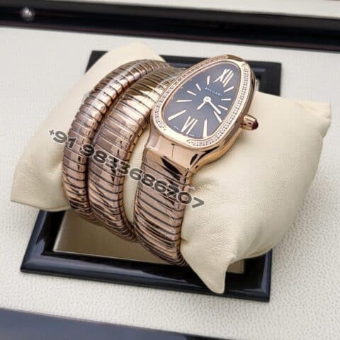 Bulgari Serpenti Rose Gold Double Spiral Black Dial Brilliant Cut Diamond Set Bezel Super High Quality Watch