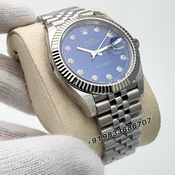 Rolex Datejust Oystersteel and White Gold Bright Blue with Diamonds Set Dial 41mm Exact 11 Top Quality Super Clone Swiss ETA 3235 Automatic Movement Watch