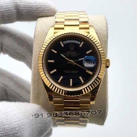 Rolex Day-Date 18kt Yellow Gold Bright Black Dial 40mm Exact 1:1 Top Quality Super Clone Replica Swiss ETA 3255 Automatic Movement Watch