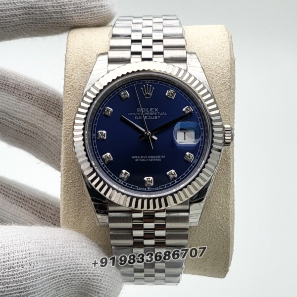 Rolex Datejust Oystersteel and White Gold Bright Blue with Diamonds Set Dial 41mm Exact 11 Top Quality Super Clone Swiss ETA 3235 Automatic Movement Watch