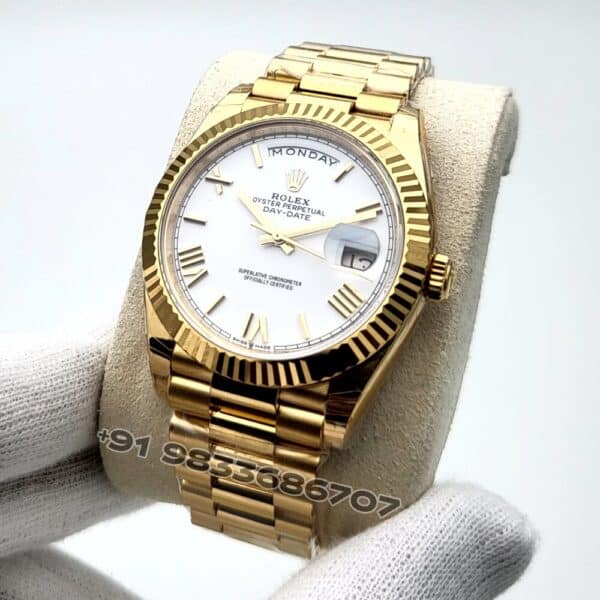 Rolex Day-Date 18kt Yellow Gold White Dial 40mm Exact 1:1 Top Quality Super Clone Replica Swiss ETA 3255 Automatic Movement Watch