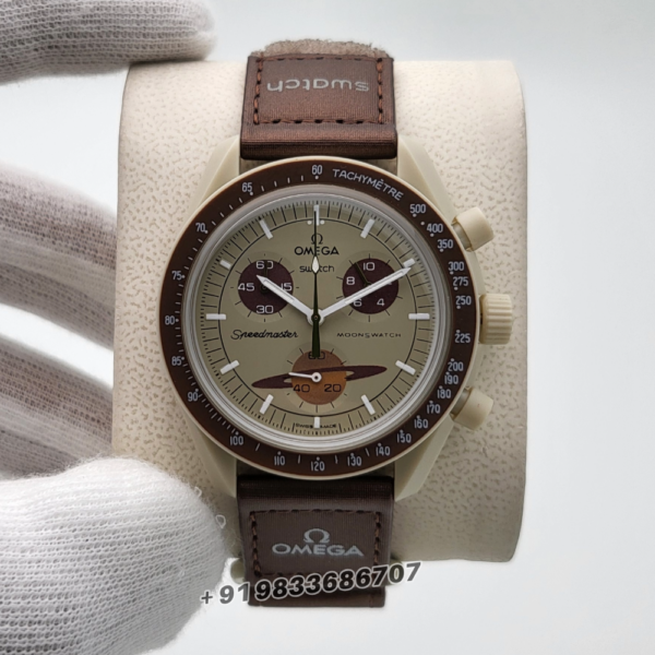 Omega Speedmaster Swatch Moonswatch Mission to Saturn Chronograph Brown Strap Super High Quality Watch (4)