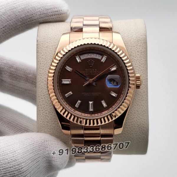 Rolex Day-Date Rose Gold Diamonds Set Chocolate Dial 40mm Super High Quality Swiss Automatic First Copy Watch