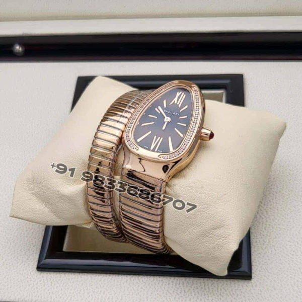 Bulgari Serpenti Rose Gold Single Spiral Black Dial Brilliant Cut Diamond Set Bezel Super High Quality Watch
