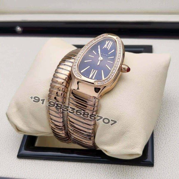 Bulgari Serpenti Rose Gold Single Spiral Blue Dial Brilliant Cut Diamond Set Bezel Super High Quality Watch (2)