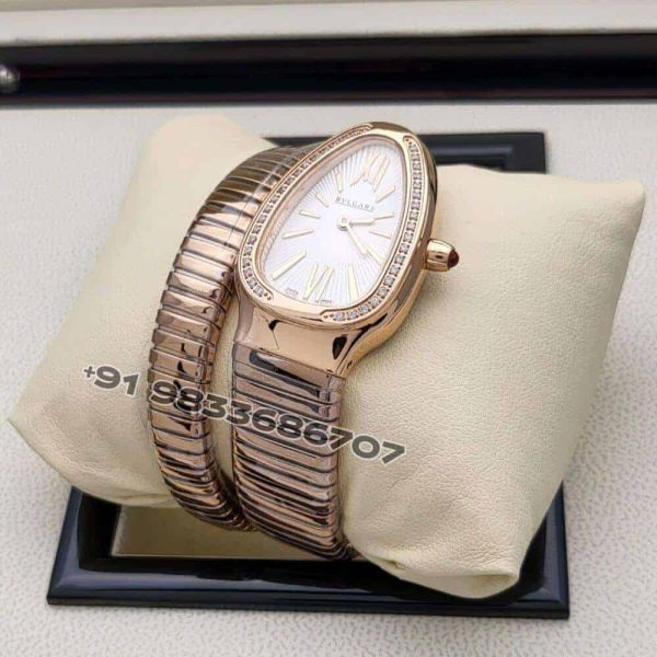 Bulgari Serpenti Rose Gold Single Spiral White Dial Brilliant Cut Diamond Set Bezel Super High Quality Watch