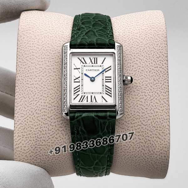 Cartier Tank Louis Diamonds Set Bezel Green Strap High Quality First Copy Women’s Watch (1)