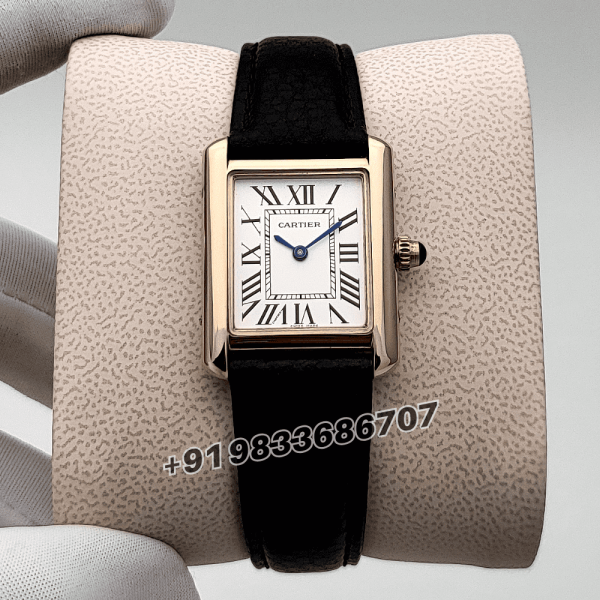 Cartier Tank Louis Rose Gold White Dial Calfskin Black Strap High Quality First Copy Women’s Watch (1)