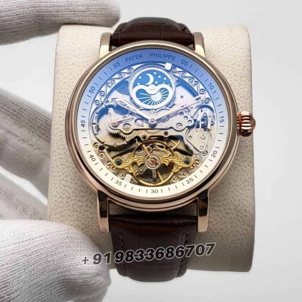 Patek Philippe Skeleton Rose Gold Leather Strap Super High Quality Swiss Automatic Watch (1)