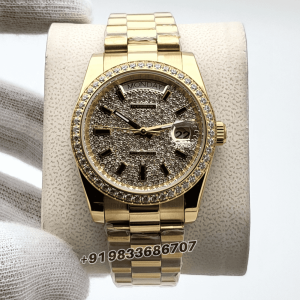 Rolex Day- Date Full Gold Diamond Bezel Stick Marker Diamond Studded Dial Super High Quality Swiss Automatic Watch